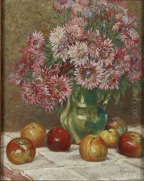 Nature Morte Aux Pommes Et Fleurs Oil Painting by Theodore Hannon