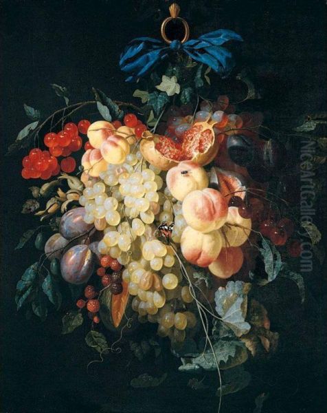 Still Life Of Grapes, Peaches, Plums, Raspberries And Cherries, Suspended From A Ring, Tied With A Blue Ribbon, Together With A Red Admiral Butterfly And A Fly Oil Painting by Johannes Hannot