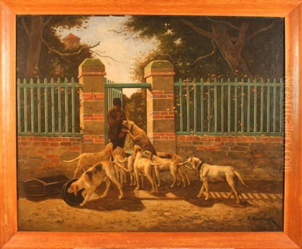 La Meute De Chiens De Chasse. Oil Painting by Hector Ch. Hanoteau