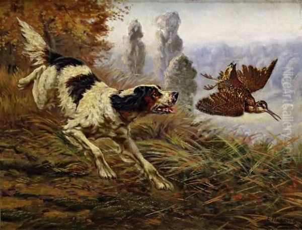 Chien Chassant Une Becasse Oil Painting by E. Hanriod