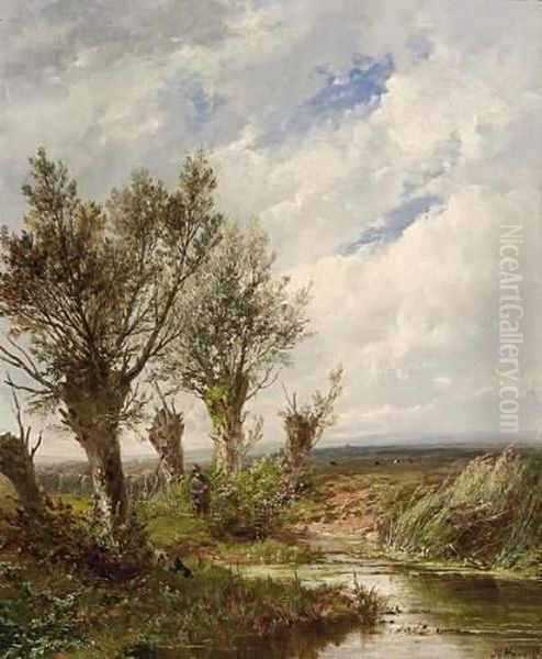 Vast Dutch Landscape With A Hunter Under Pollarded Willows Oil Painting by Josephus Gerardus Hans