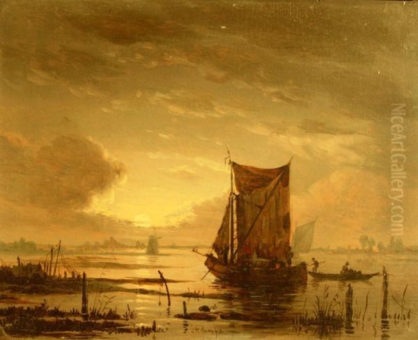 Avondstemming Op De Rivier. Gesigneerd Oil Painting by Josephus Gerardus Hans