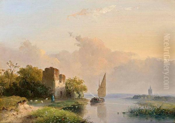 Figures In A River Landscape Near Delft Oil Painting by Josephus Gerardus Hans