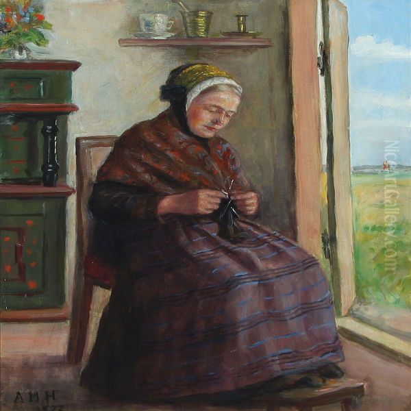 Interior With Knitting Woman Oil Painting by Anne Marie Hansen