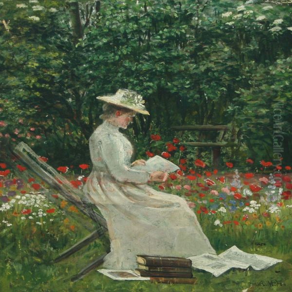 Woman Reading In A Floweringgarden Oil Painting by Anne Marie Hansen