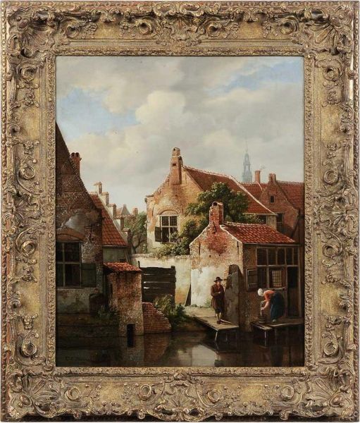 View Of Amsterdam, With A Laundress By A Dike Oil Painting by Carel Lodewijk Hansen