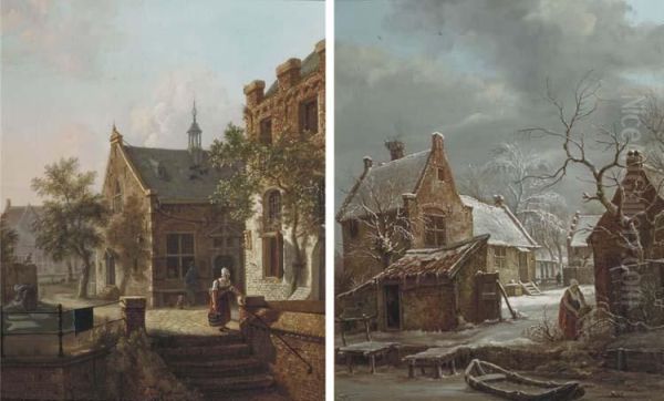 Daily Activities On A Farm In Winter; And Daily Activities In Avillage In Summer Oil Painting by Carel Lodewijk Hansen