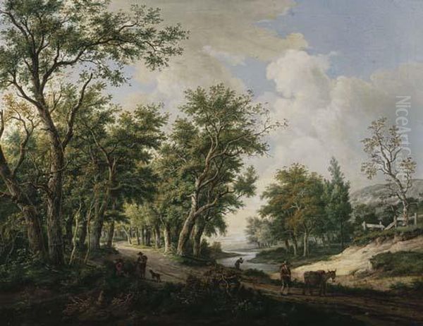 A Wooded Landscape With Travellers Conversing By The Edge Of Aforest, Another Traveller With His Mule On A Path Oil Painting by Carel Lodewijk Hansen