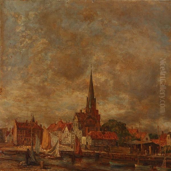 Harbour Scene With Houses And A Church, Presumably From Elsinore Oil Painting by Carl Hansen