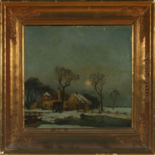 Winterlandscape In Moonlight Oil Painting by Carl Hansen