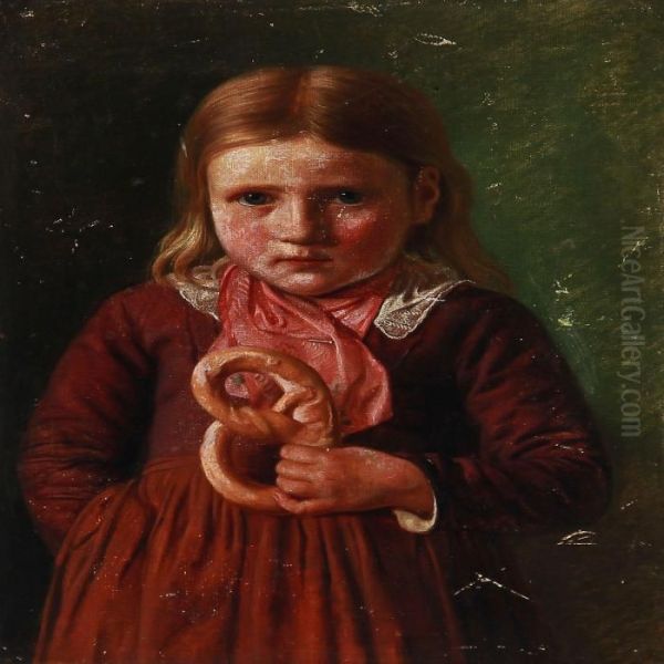 Girl With A Pretzel Oil Painting by Constantin Hansen