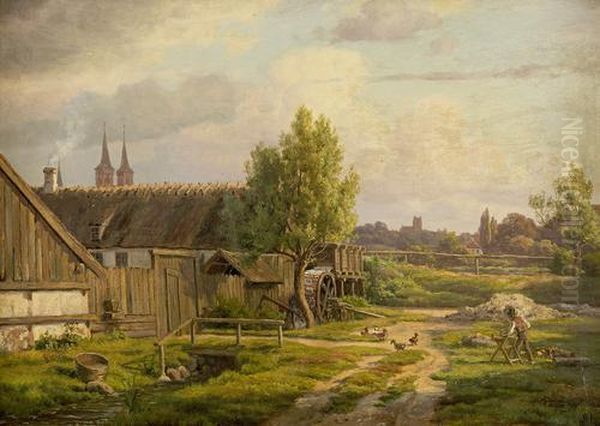 Farmstead With Townscape Beyond Oil Painting by Constantin Hansen