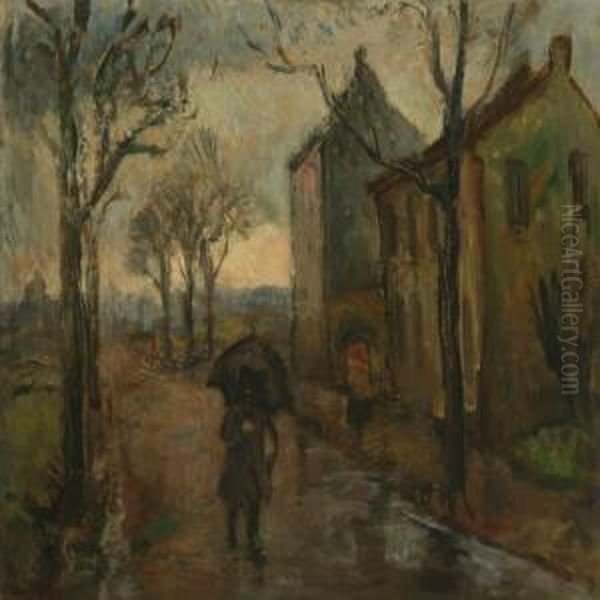 Walking In The Rain Oil Painting by Emiel Hansen