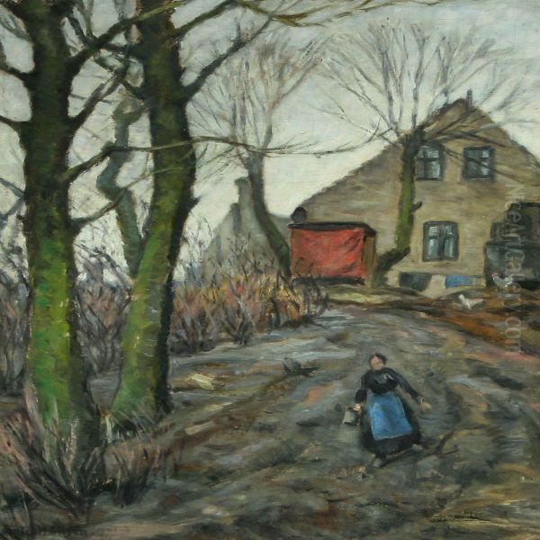 Landscape With Woman Ona Path, In The Background House And Chickens Oil Painting by Emiel Hansen