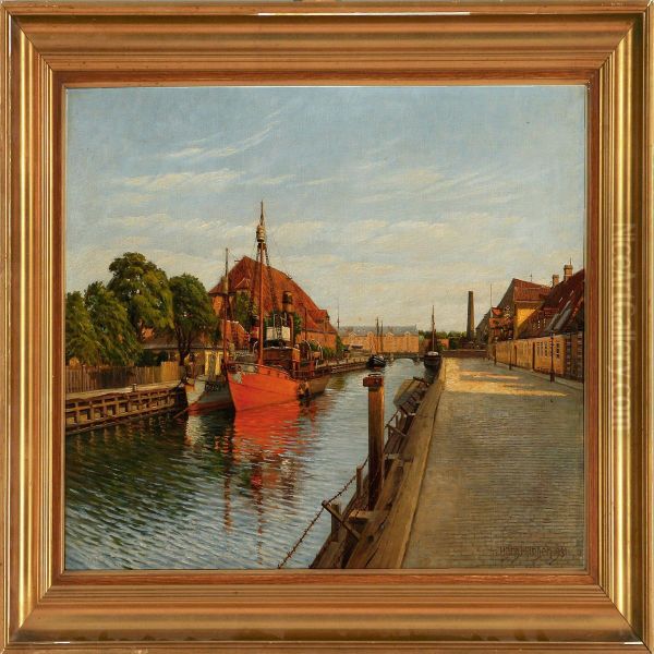 Canal Scene From Copenhagen Oil Painting by Hans Hansen