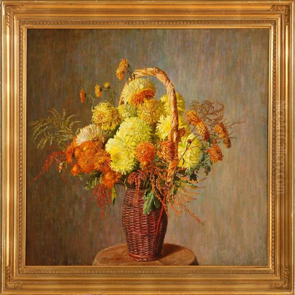 A Still Life With Yellow Flowers In A Jar On A Table Oil Painting by Hans Hansen