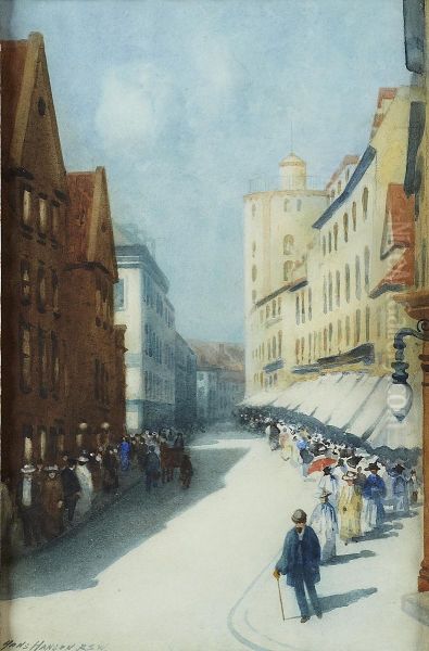 A Busy Street Oil Painting by Hans Jacob Hansen