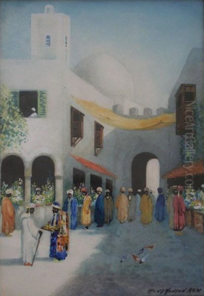 Flower Market, Oran; An Arab Street Oil Painting by Hans Nicolaj Hansen