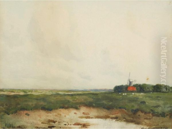 A Landscape With A Windmill Oil Painting by Hans Nicolaj Hansen