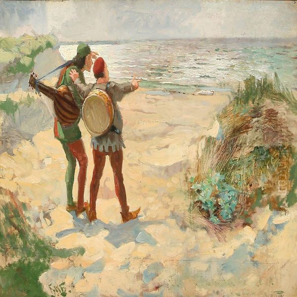 Coast Scene With Two Musicians Staring At The Sea Oil Painting by Hans Nikolaj Hansen