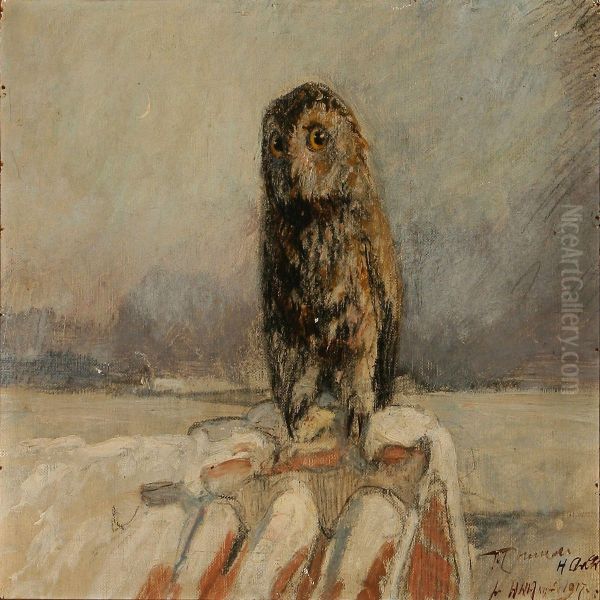 An Owl On A Roof Top Oil Painting by Hans Nikolaj Hansen