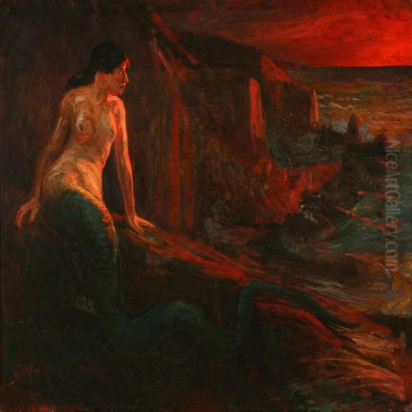 A Mermaid In The Sunset Oil Painting by Hans Nikolaj Hansen