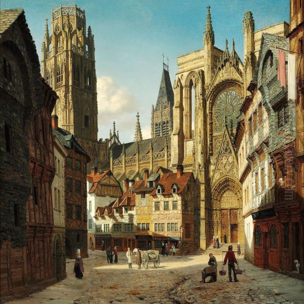 View Of The Roman Catholic Gothic Cathedral Notre Dame In Rouen Oil Painting by Heinrich Hansen