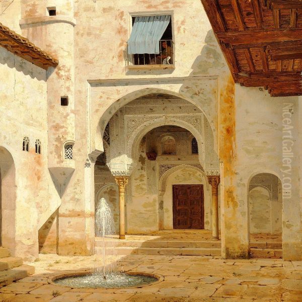 View Of A Courtyard In Alhambra Oil Painting by Heinrich Hansen