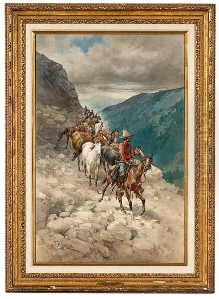 Horse Drive On A Mountain Trail Oil Painting by Herman Wendleborg Hansen