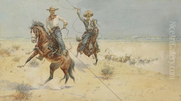 Two Cowboys With Ropes Oil Painting by Herman Wendleborg Hansen