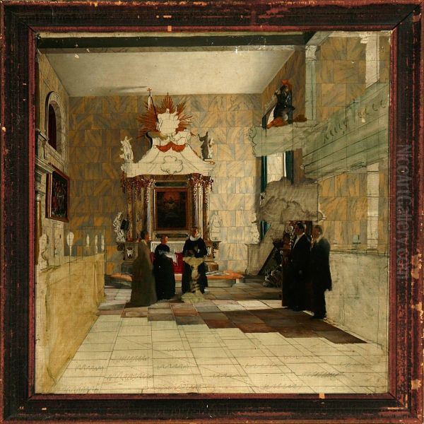 Baroque Church Interiorwith A Christening, Presumeably In A Private Chapel On A Danishmanor Oil Painting by Johann L. I Hansen