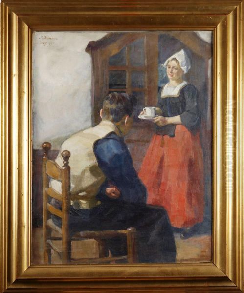 Interior Med Kvinna Och
Man Oil Painting by Jorgen Hansen