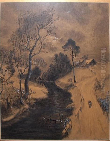 Landscape River W/ Houses And A Road Oil Painting by Knut Hansen