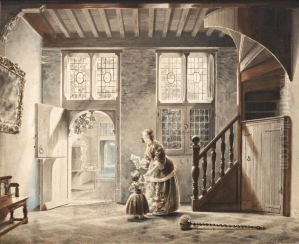 Voornaam Binnenhuis Met Vrouw En Kind Bij Een Trap Oil Painting by Lambertus Johannes Hansen