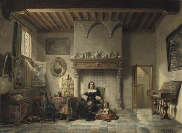 An Afternoon In A Dutch Interior Oil Painting by Lambertus Johannes Hansen