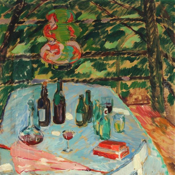 Bottles On A Table Oil Painting by Niels Hansen