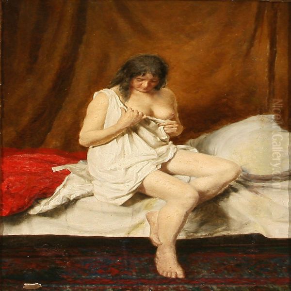 Boudoir With Half Naked Woman Sitting On A Bed Oil Painting by Niels Christian Hansen