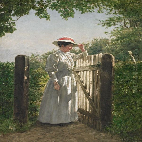 Woman In Awhite Dress Standing In The Sun By An Open Garden Gate Oil Painting by Niels Christian Hansen