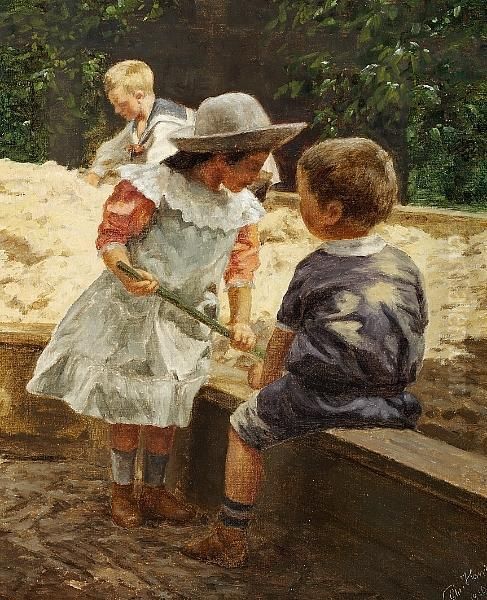 Three Children Playing In A Sandpit Oil Painting by Niels Christian Hansen