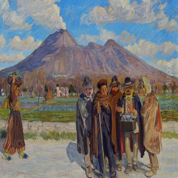 Men Selling Souvenirs On A Cold Day, In The Background Mount Vesuvius Oil Painting by Peter Marius Hansen