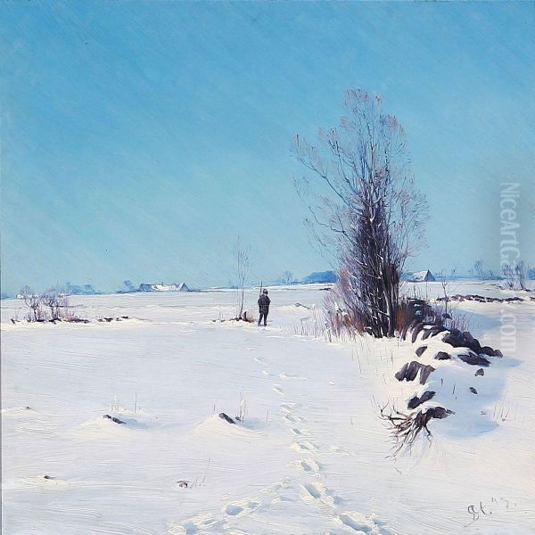 Cloudless Winter Day With A Hunter On A Snow Covered Field Oil Painting by Sigvard Hansen