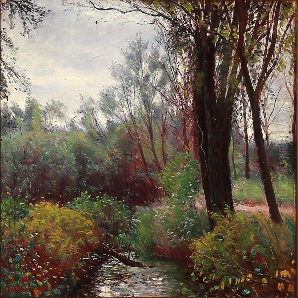 Forest Scene With A Stream Oil Painting by Sigvard Hansen