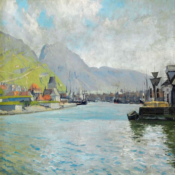 Harbour Scene From Bergen Oil Painting by Sigvard Hansen