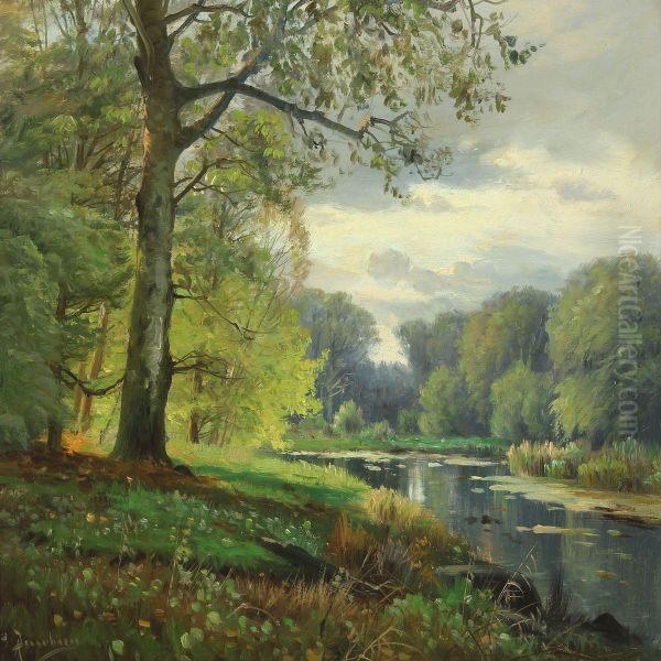 Woodland Scene With Pond Oil Painting by Niels Hansen-Jacobsen