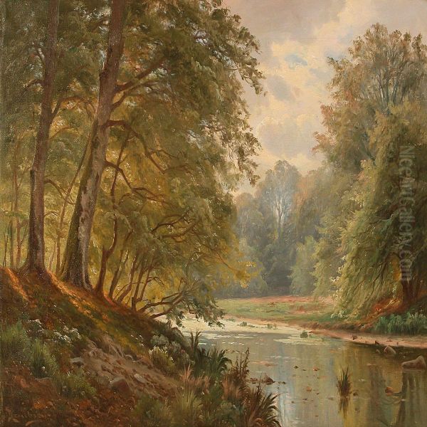 Stream In An Autunm Forest Oil Painting by Niels Hansen-Jacobsen