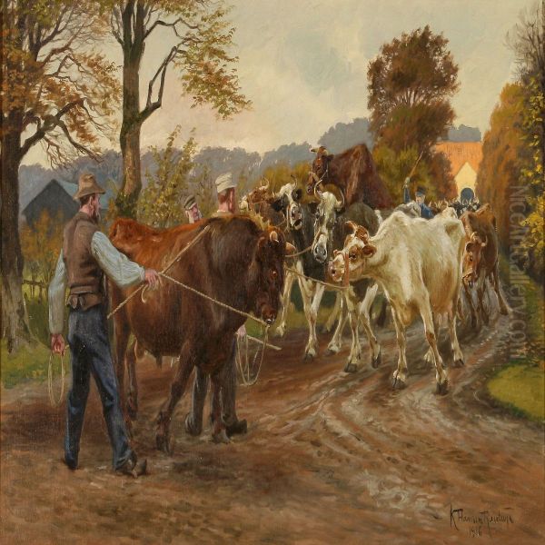 Farmers With Their Cattle On A Dirt Road Oil Painting by Karl Frederik Hansen-Reistrup