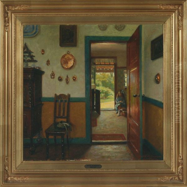 Interior With A Girl Reading Oil Painting by Bertel Hansen-Svaneke