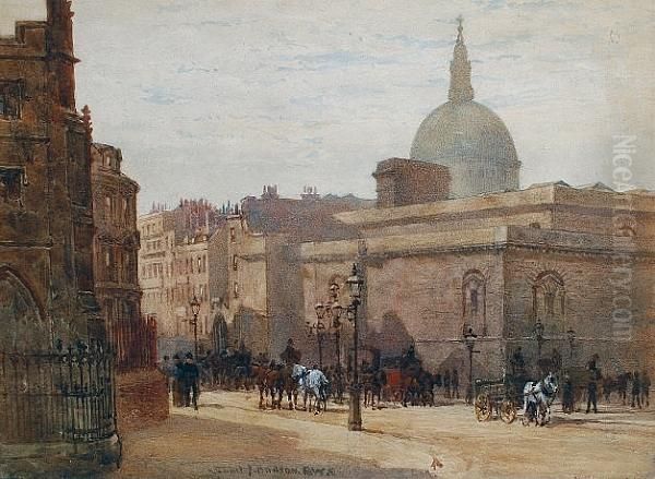 Street In London With St.paul's Beyond Oil Painting by J.T Hansom