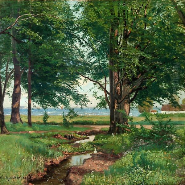 Forest Scene With A View To The Sea Oil Painting by Niels Hansteen