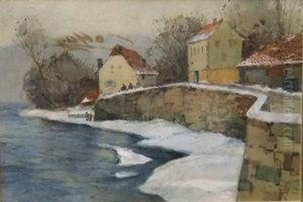 River Village Landscape In Winter Oil Painting by Aleksei Vasilievich Hanzen